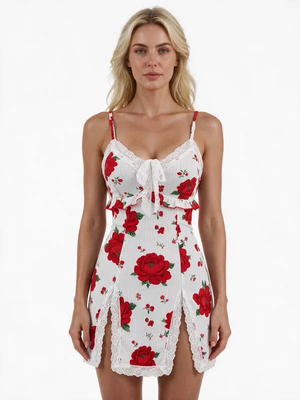 Floral Print Lace-Trim Babydoll in White