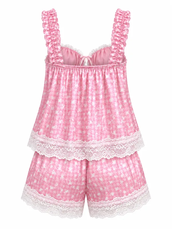 Lace-Trim Printed Camisole and Shorts, Pink, studio, back