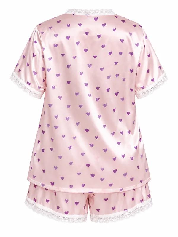 Heart-Print Satin Lace-Trim Pajama Shirt and Shorts, Pink, studio, back