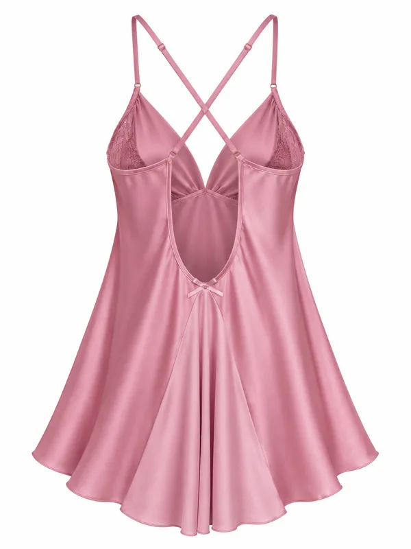 Lace-Trim Satin Babydoll, Dusty Pink, studio, back