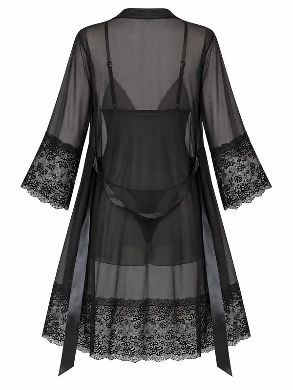 Lace-Trim Mesh Babydoll and Sheer Robe, Black, studio, back