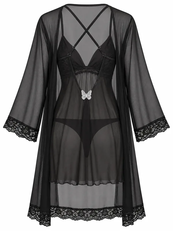 Lace-Trim Mesh Babydoll and Robe, Black, studio, back