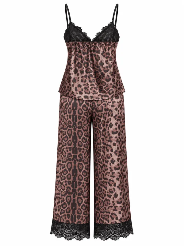 Leopard-Print Satin Lace-Trim Cami and Wide-Leg Pants, Leopard Print, studio, back