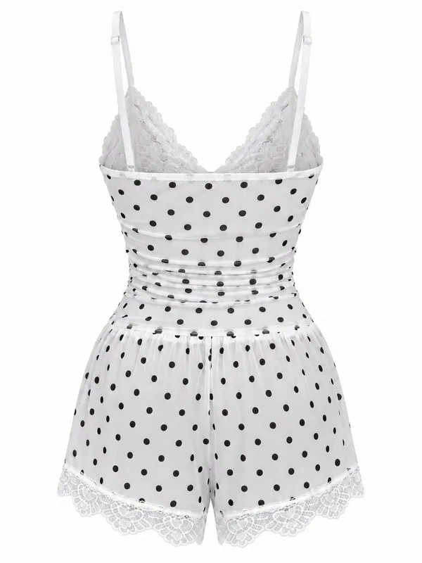 Lace-Trim Polka-Dot Mesh Cami and Shorts, White, studio, back
