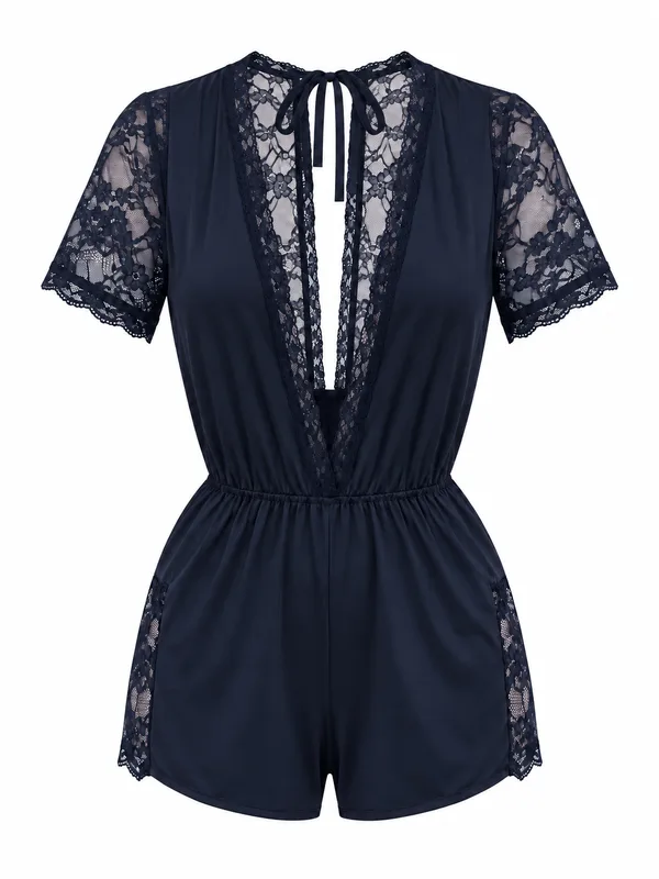 Deep V-Neck Lace-Trim Mesh Romper, Navy, studio, front
