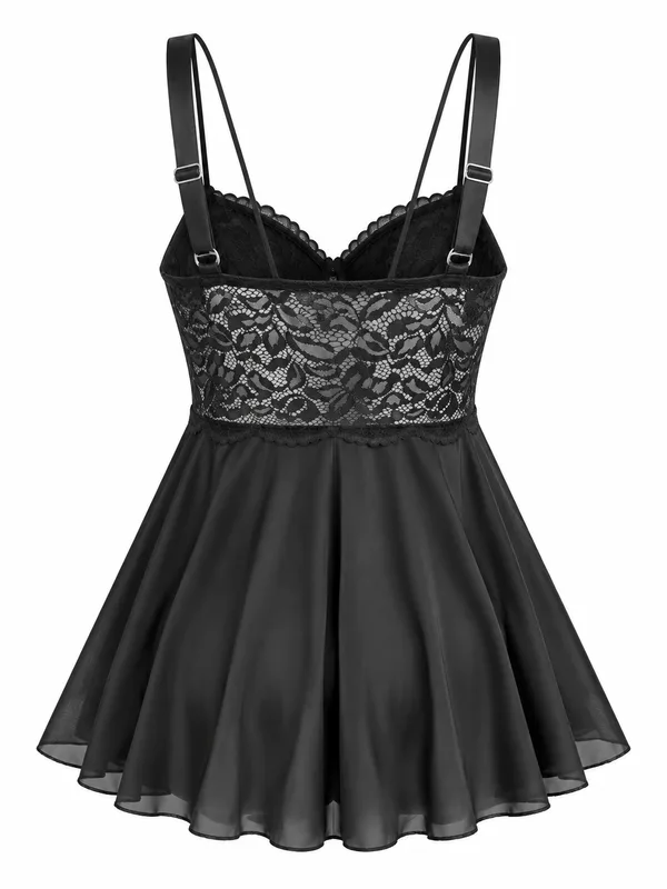 Lace-Trim Mesh Babydoll, Black, studio, back