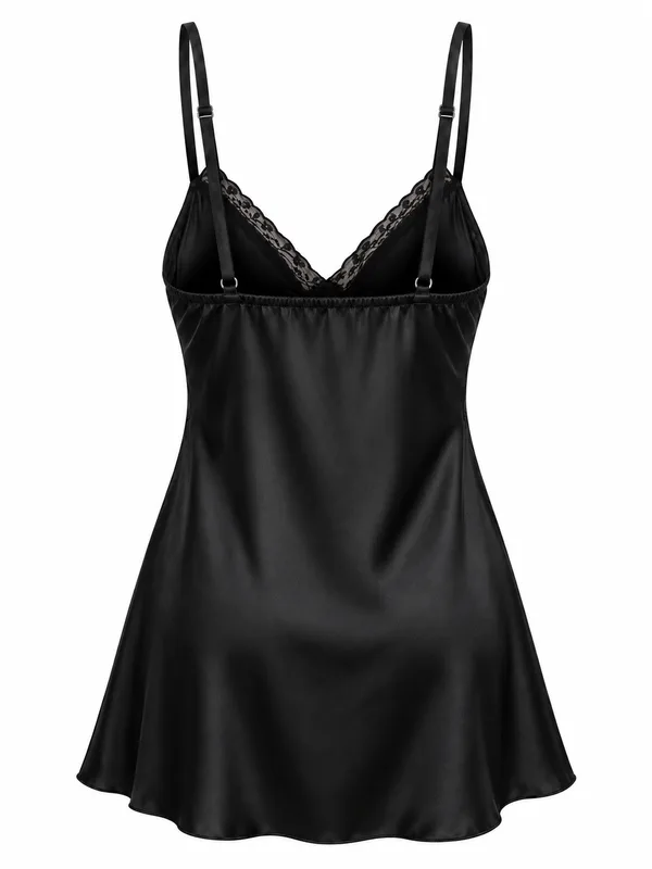 Satin Lace-Trim Cutout Slip, Black, studio, back
