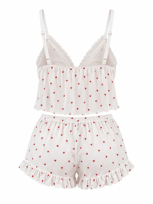 Heart-Print Lace-Trim Cami Top and Ruffle Shorts, White, studio, back
