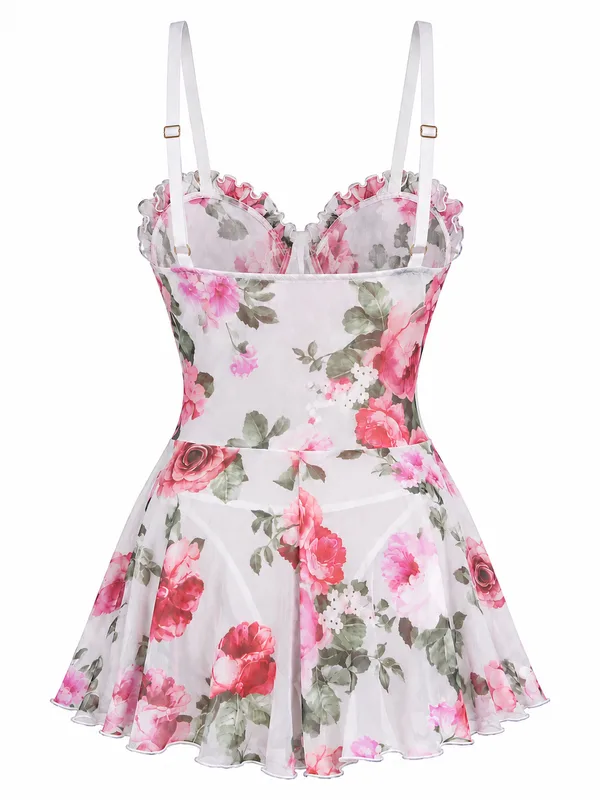 Ruffle-Trim Floral Mesh Babydoll, White, studio, back