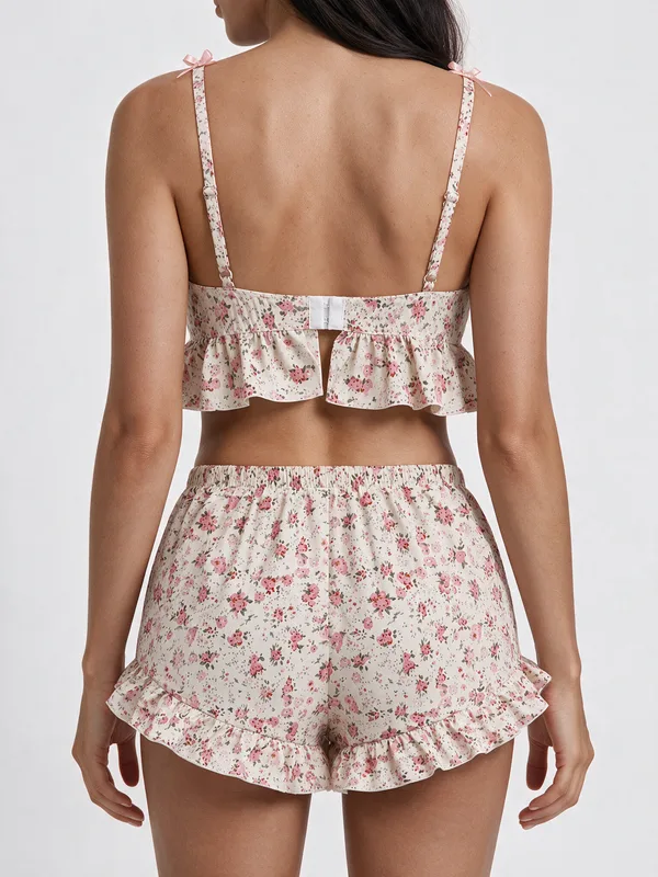 Floral Ruffle Cami and Shorts, Off-White, model, back