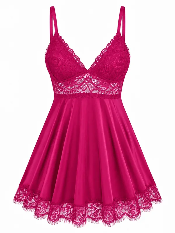 Lace-Trim Satin Babydoll, Fuchsia, studio, front