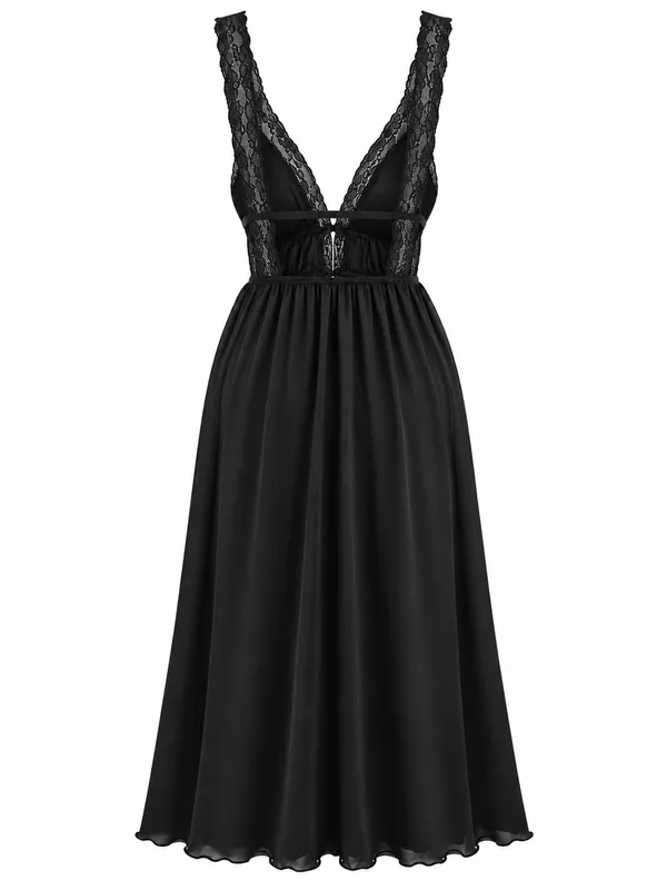 Lace-Trim Open-Back Slip, Black, studio, back