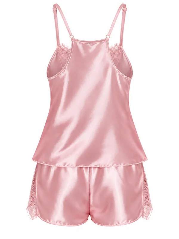 Lace-Panel Satin Cami and Shorts, Dusty Pink, studio, back