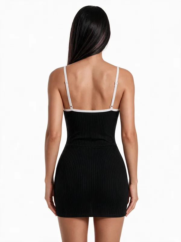 Ribbed Contrast-Trim Mini Slip, Black, model, back