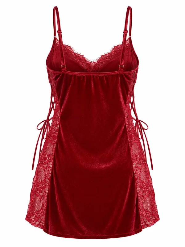 Lace-Trim Velvet Babydoll, Burgundy, studio, back