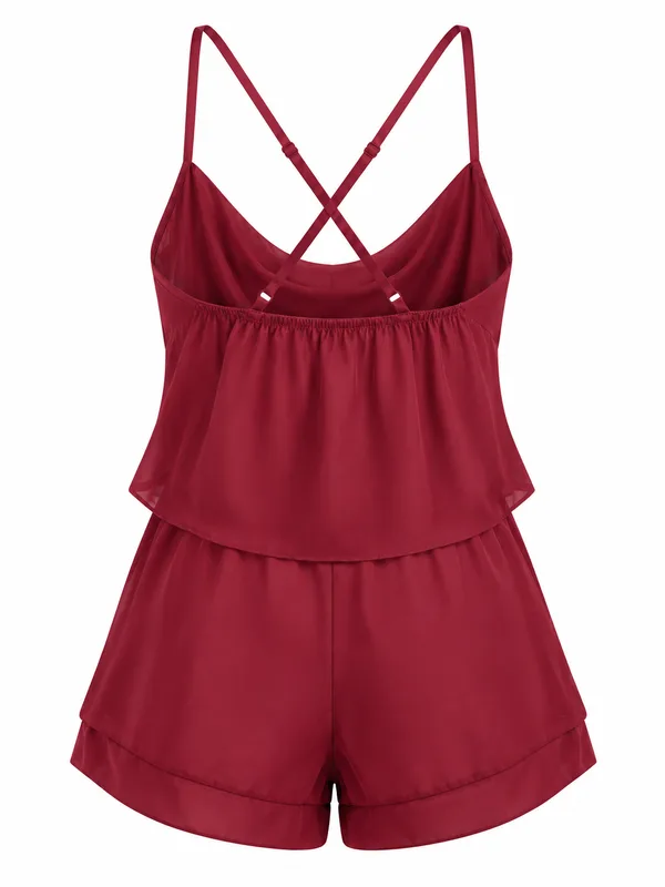 Crisscross-Strap Cowl-Neck Cami and Shorts, Burgundy, studio, back