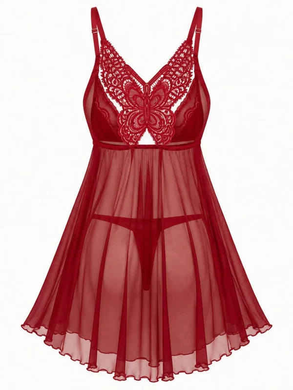 Lace-Trim Mesh Babydoll, Red, studio, back