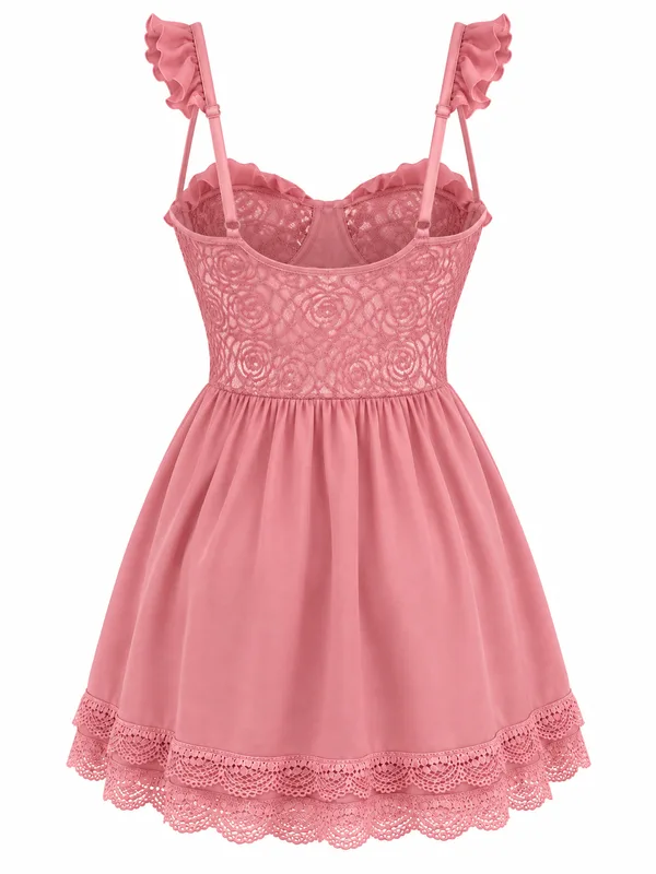 Ruffle-Strap Lace-Up Babydoll, Dusty Pink, studio, back