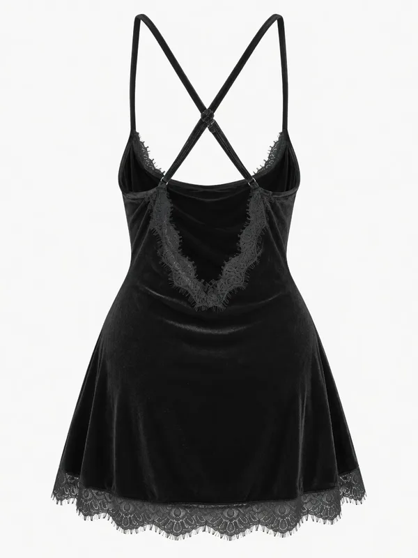 Lace-Trim Velvet Slip, Black, studio, back