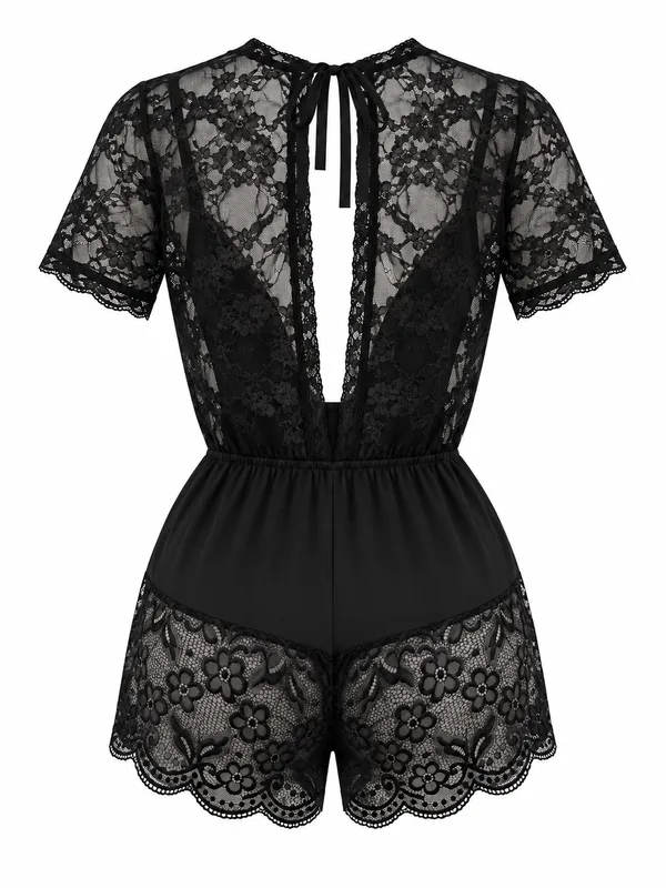 Deep V-Neck Lace-Trim Mesh Romper, Black, studio, back