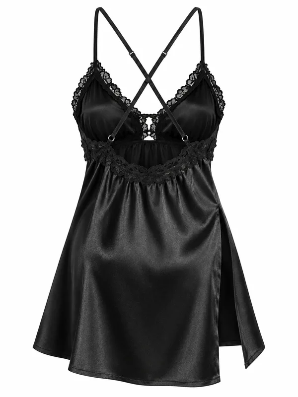 Lace-Trim Satin Babydoll, Black, studio, back