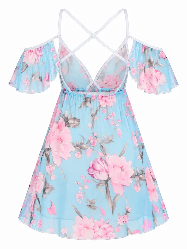 Floral Mesh Cold-Shoulder Babydoll, Light Blue, studio, back