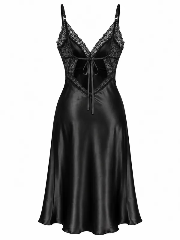 Lace-Trim Satin Midi Slip, Black, studio, back