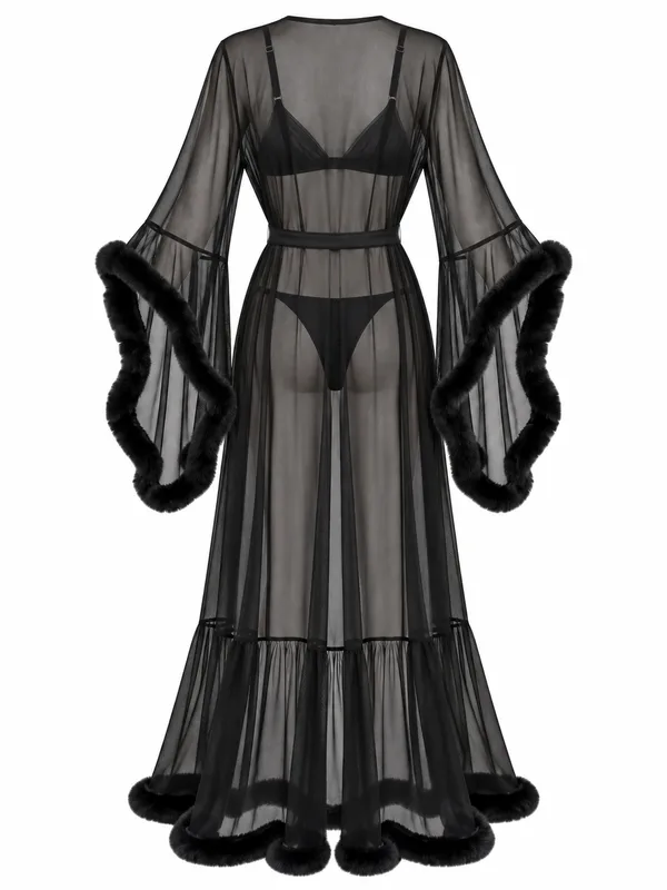 Fur-Trim Sheer Mesh Long Robe, Black, studio, back