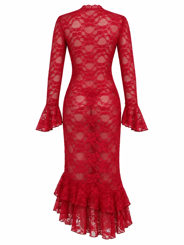 Lace Bell-Sleeve Ruffle-Hem Midi Dress, Burgundy, studio, back