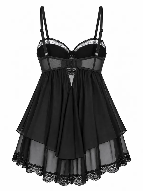 Lace-Trim Mesh Babydoll, Black, studio, back