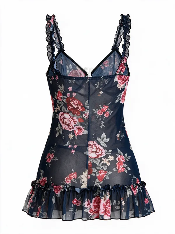 Floral Print Mesh Ruffle-Trim Slip, Navy, studio, back