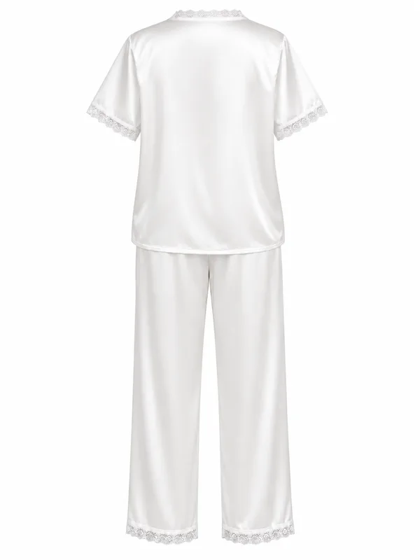 Lace-Trim Satin Pajama, White, studio, back