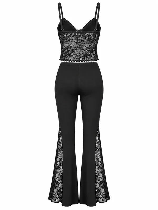 Lace-Trim Mesh Crop Cami and Flared Pants, Black, studio, back