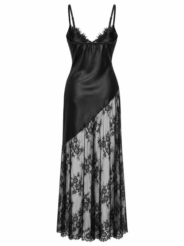 Long Satin Lace Slip, Black, studio, back