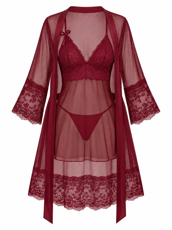 Lace-Trim Mesh Babydoll and Sheer Robe, Burgundy, studio, front