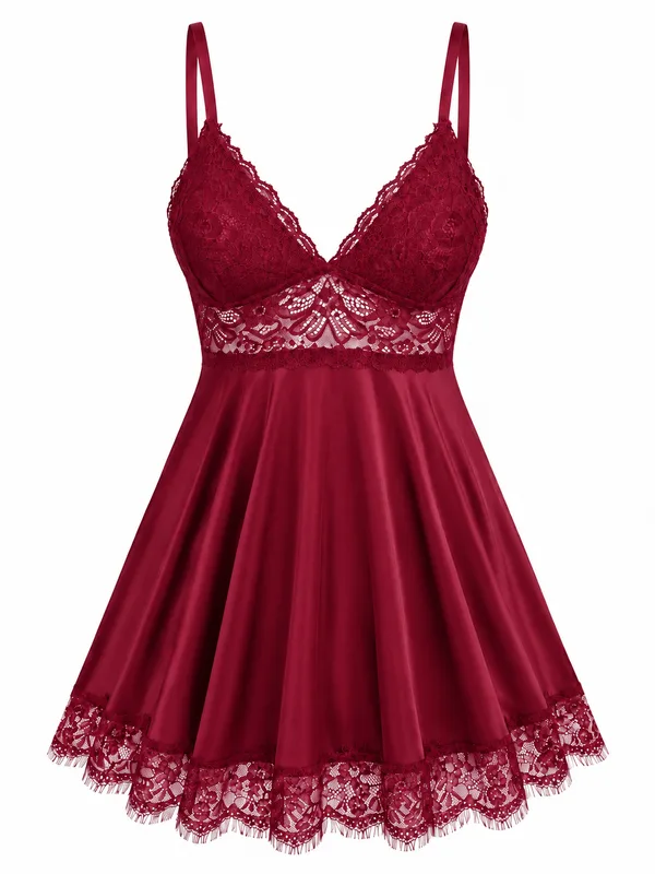 Lace-Trim Satin Babydoll, Burgundy, studio, front
