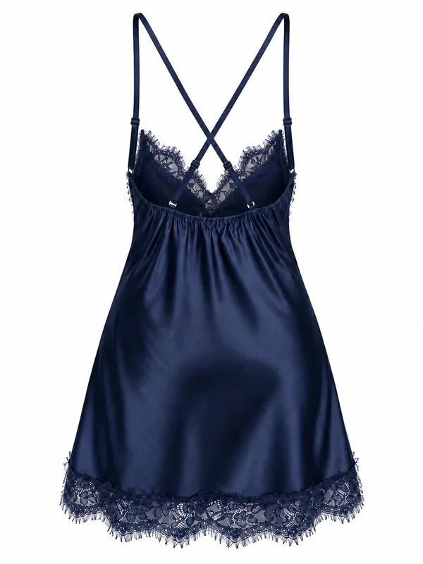 Lace-Trim Satin Slip, Navy Blue, studio, back