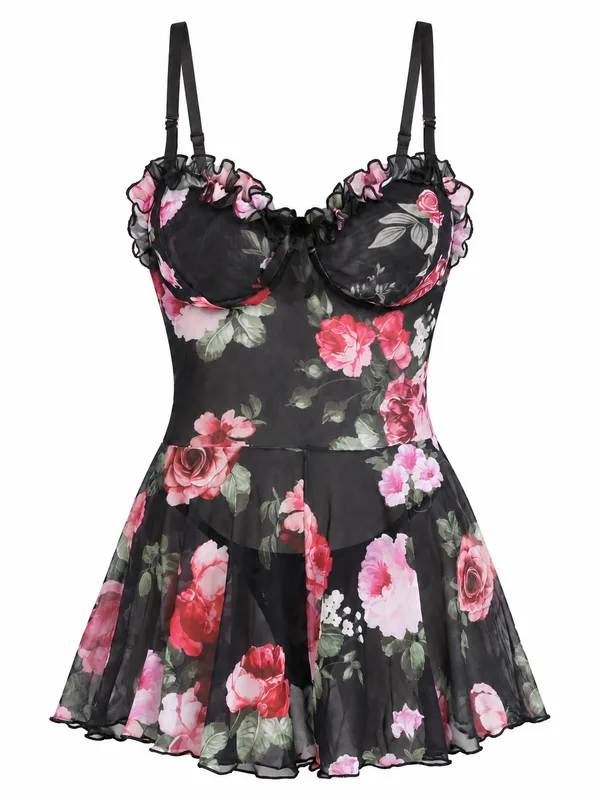 Ruffle-Trim Floral Mesh Babydoll, Navy Blue, studio, front