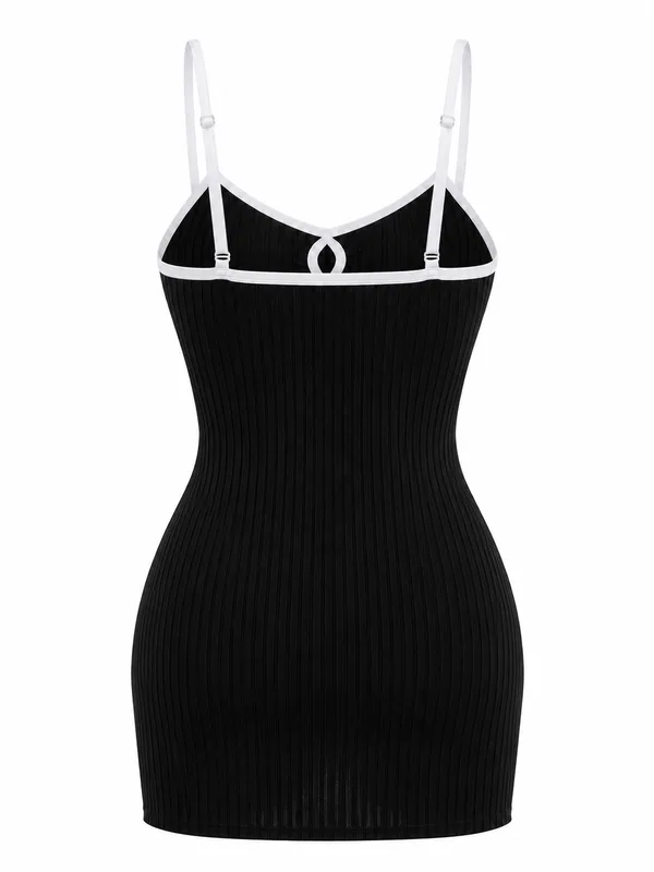 Ribbed Contrast-Trim Mini Slip, Black, studio, back