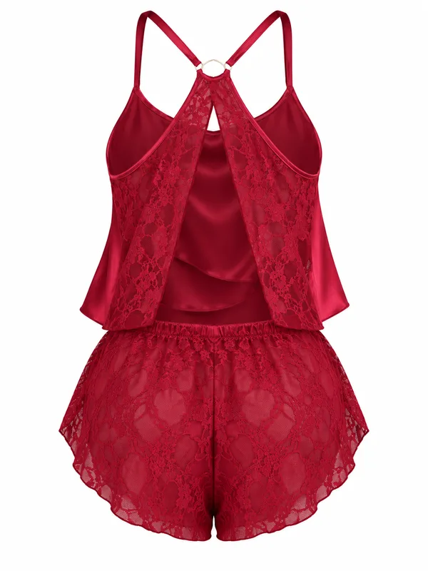 Satin Flounce Cami and Lace Shorts, Burgundy, studio, back