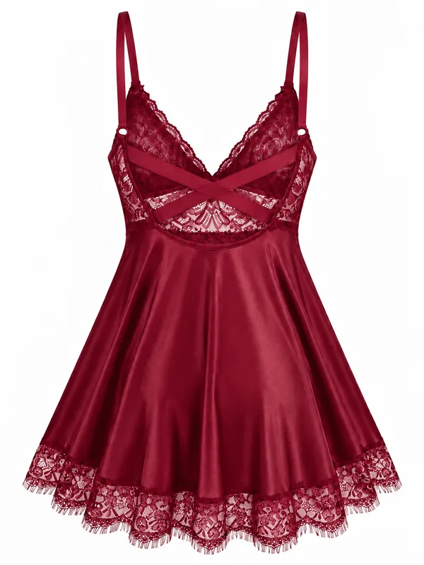 Lace-Trim Satin Babydoll, Burgundy, studio, back