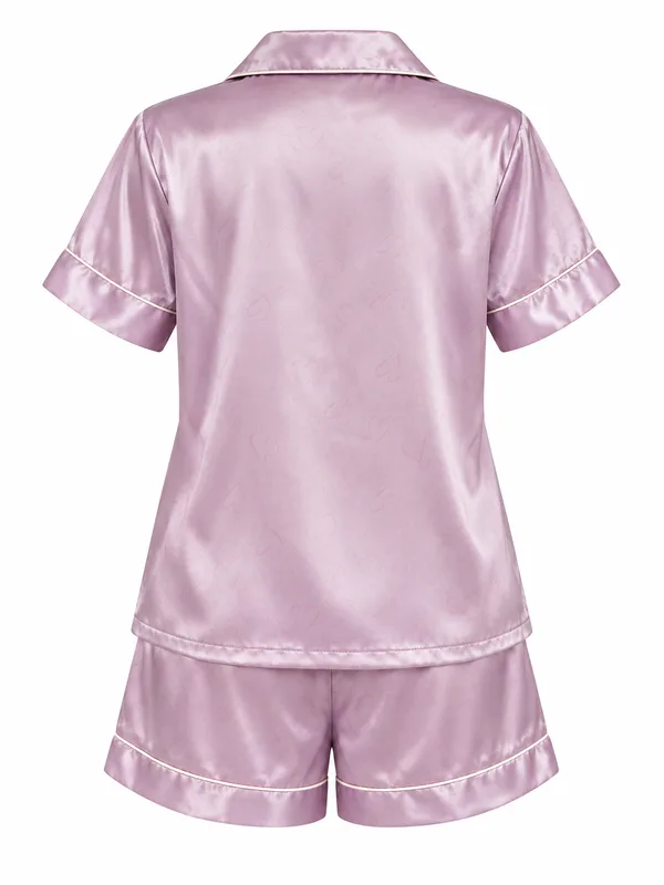 Satin Short-Sleeve Shirt and Shorts Sleepwear, Light Purple, studio, back