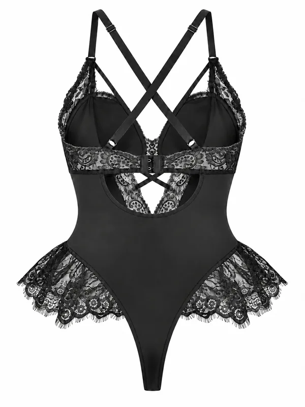 Lace-Trim Mesh Lace-Up Teddy, Black, studio, back