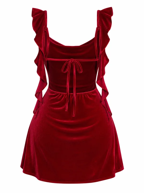 Ruffled Velvet Mini Dress, Burgundy, studio, back