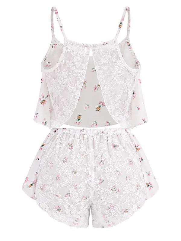 Floral Print Lace-Trim Cami Top and Shorts, White, studio, back