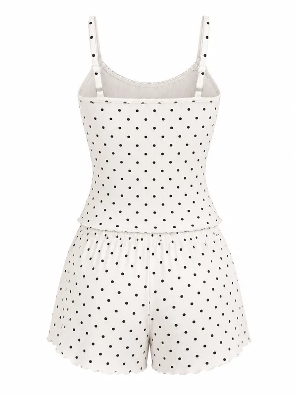 Polka-Dot Ribbed Cami Top and Shorts, White, studio, back
