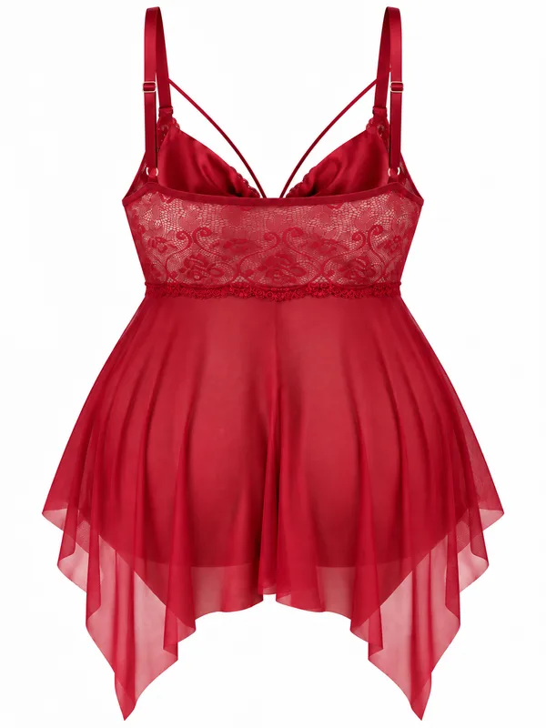 Sheer Mesh Lace-Trim Babydoll, Burgundy, studio, back