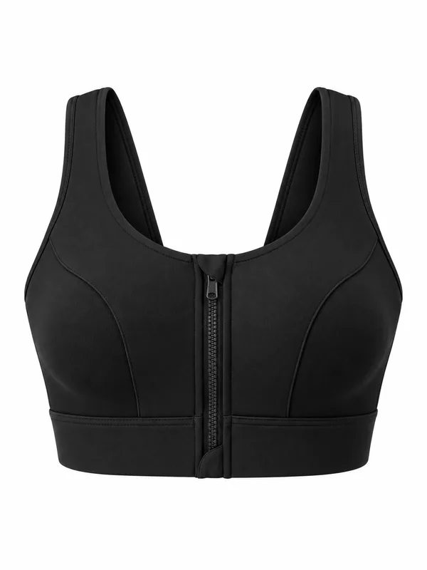 Zip-Front Racerback Sports Bra, Black, studio, front