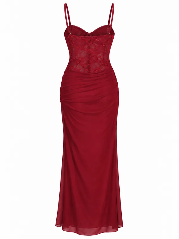 Lace-Trim Mesh Maxi Slip, Burgundy, studio, back