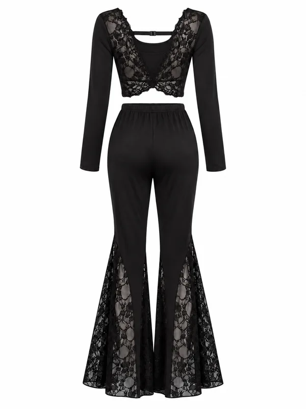 Lace-Trim Long-Sleeve Crop Top and Flare Pants, Black, studio, back
